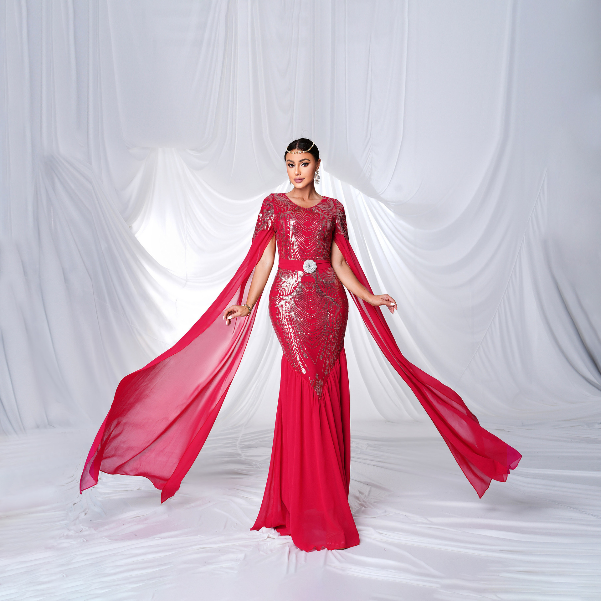 Women Long-Sleeved Round Neck Sequin Bodycon Formal Party Fishtail Evening Dress