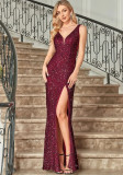 Women Formal Party V-Neck Sequined Slit Evening Dress