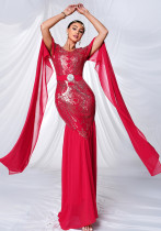 Women Long-Sleeved Round Neck Sequin Bodycon Formal Party Fishtail Evening Dress Women Long-Sleeved Round Neck Sequin Bodycon Formal Party Fishtail Evening Dress