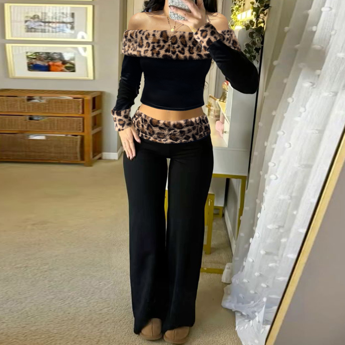 Women Fall/Winter Fuzzy Leopard Print Off-The-Shoulder Long-Sleeved Patchwork Casual Pants Two-Piece Set
