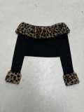 Women Fall/Winter Fuzzy Leopard Print Off-The-Shoulder Long-Sleeved Patchwork Casual Pants Two-Piece Set