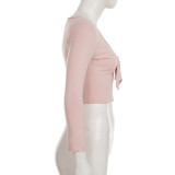 Women Casual Solid Bow Patchwork V-Neck Top and Bell Bottom Pants Two-Piece Set