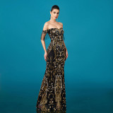 Women Off-Shoulder Tassel Formal Party Sequin Fishtail Evening Dress