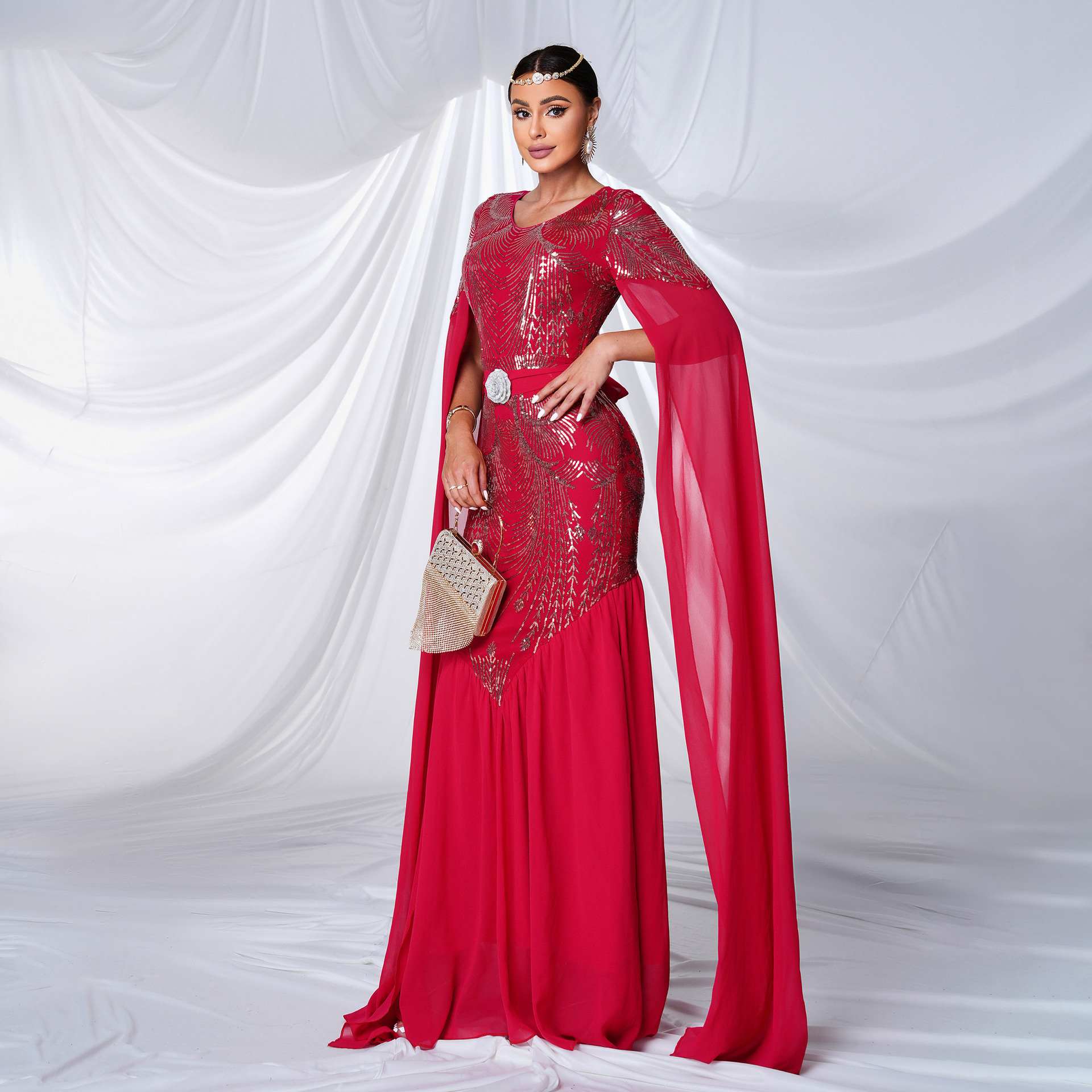 Women Long-Sleeved Round Neck Sequin Bodycon Formal Party Fishtail Evening Dress