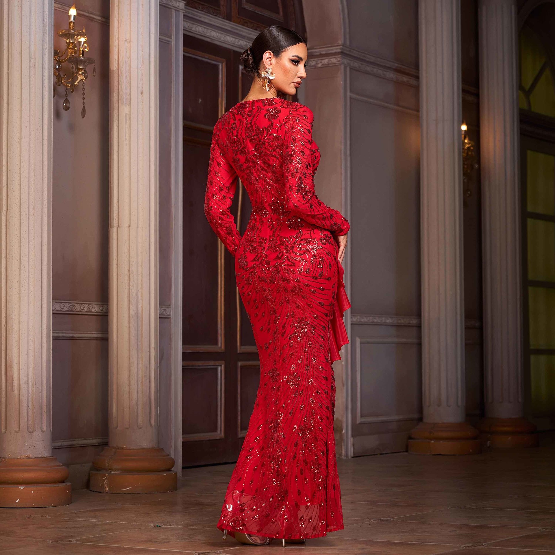 Women Long-Sleeved Round Neck Lace Formal Party Sequin Slit Evening Dress