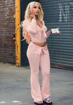 Women Casual Solid Bow Patchwork V-Neck Top and Bell Bottom Pants Two-Piece Set