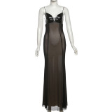 Women Fall Style Mesh Patchwork Sexy Sleeveless Suspender Dress