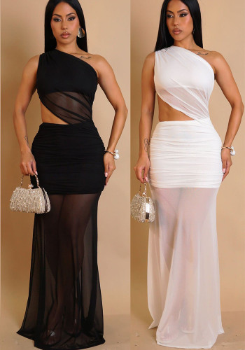 Women One-Shoulder Lace-Up See-Through Solid Dress