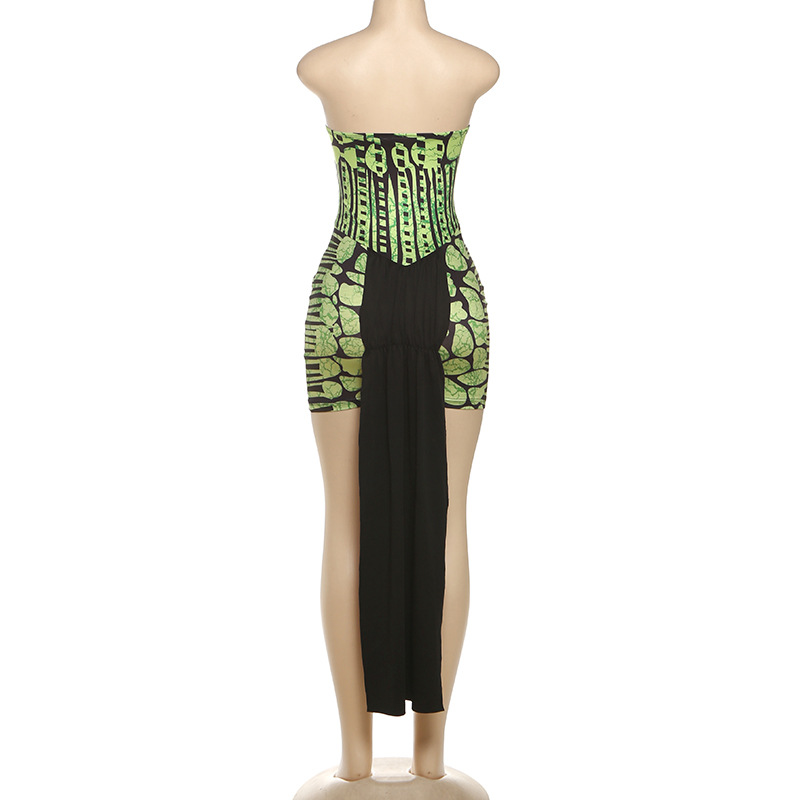 Women Fall Style Street Print Strapless Patchwork Dress