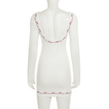 Women Bow Embroidered Long-Sleeved Backless Round Neck Bodycon Dress