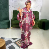Plus Size Women African Ethnic Printed Robe and Headband Dress