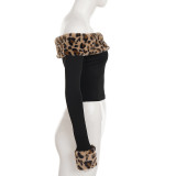 Women Fall/Winter Fuzzy Leopard Print Off-The-Shoulder Long-Sleeved Patchwork Casual Pants Two-Piece Set