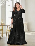 Women Plus Size Sequined Long-Sleeved V-Neck Formal Party Elegant Maxi Dress