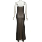 Women Fall Style Mesh Patchwork Sexy Sleeveless Suspender Dress