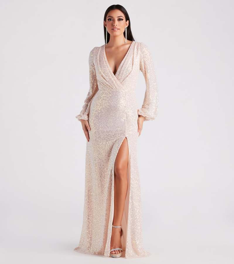 Women Spring/Summer Sequined Slit Long Sleeve Evening Dress
