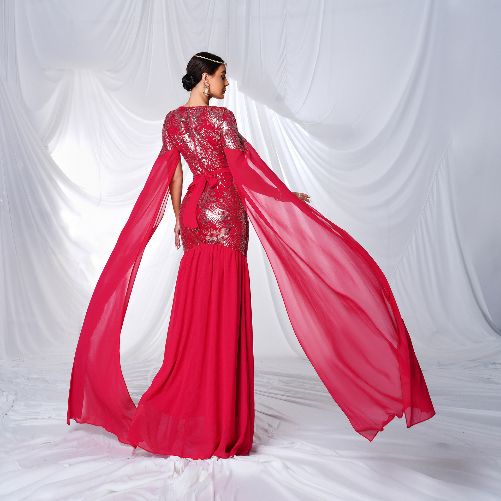 Women Long-Sleeved Round Neck Sequin Bodycon Formal Party Fishtail Evening Dress