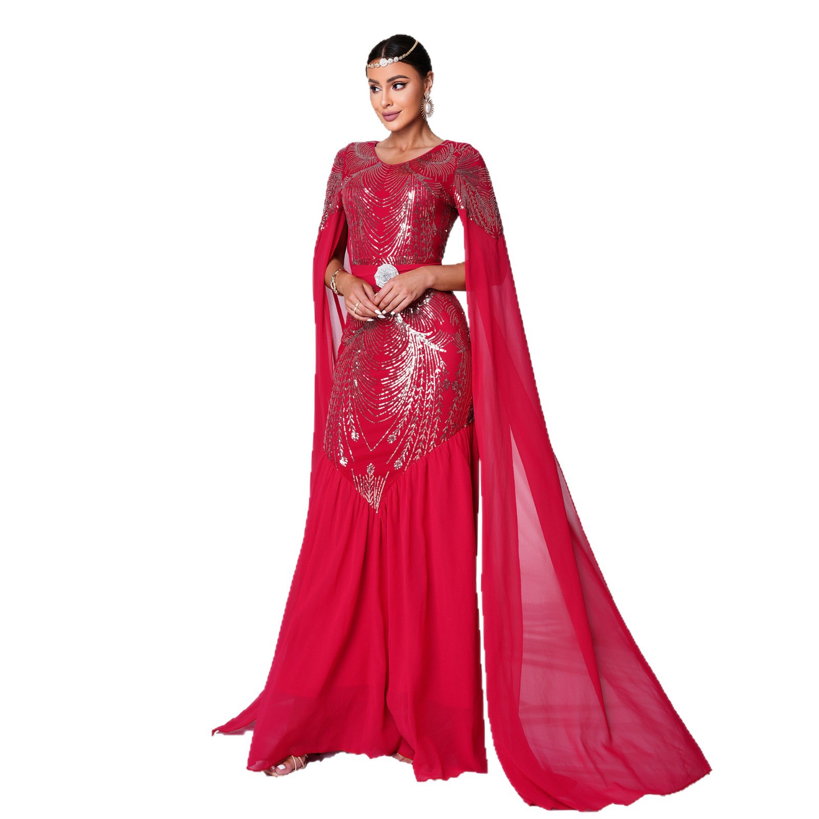 Women Long-Sleeved Round Neck Sequin Bodycon Formal Party Fishtail Evening Dress