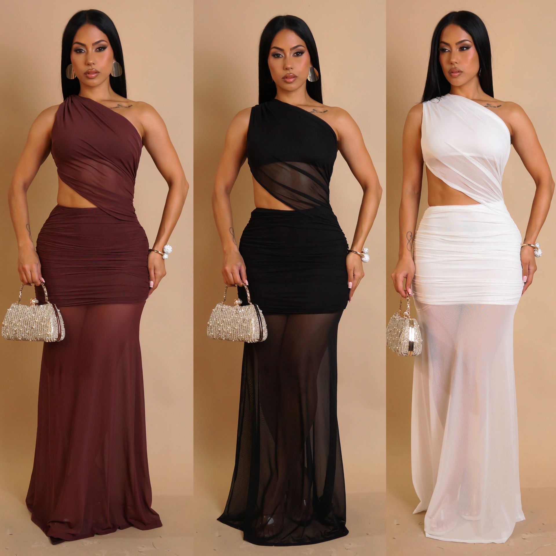 Women One-Shoulder Lace-Up See-Through Solid Dress