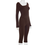Irregular Slash Shoulder Long Sleeve Top and Solid Capri Two-Piece Set