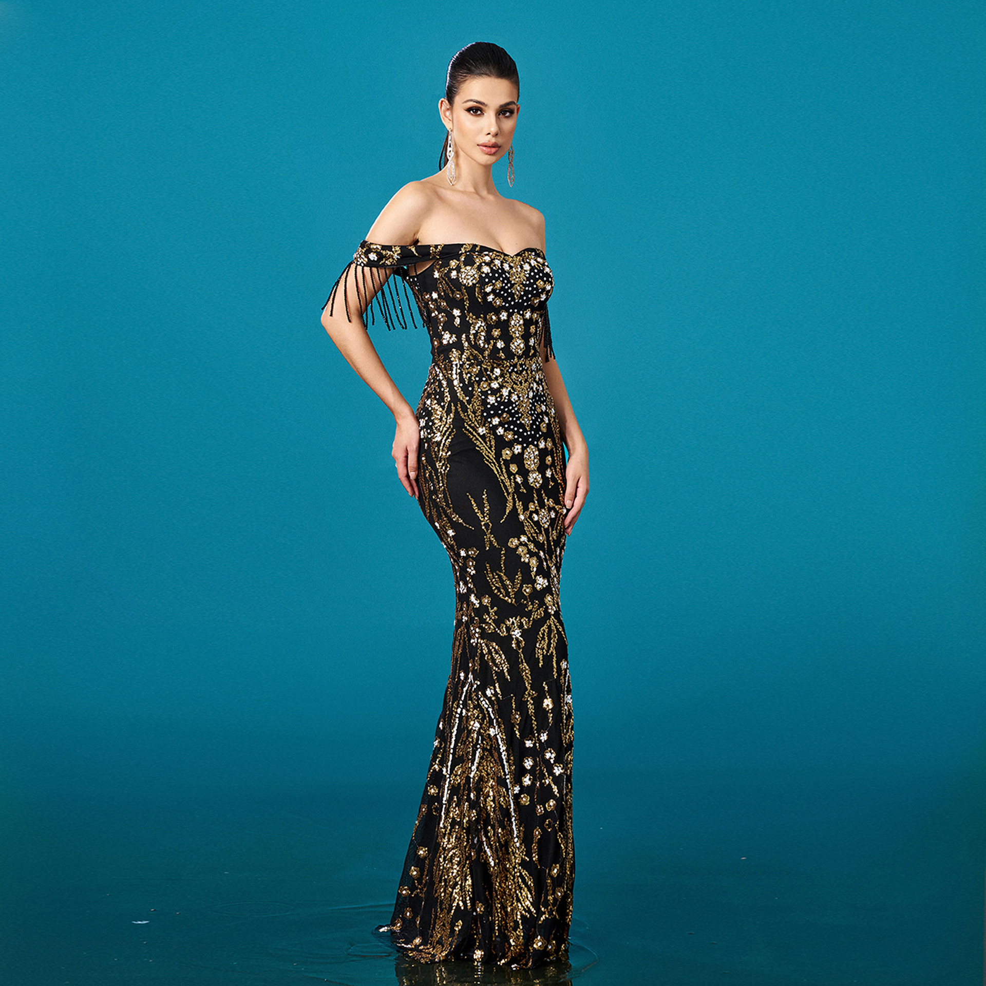 Women Off-Shoulder Tassel Formal Party Sequin Fishtail Evening Dress