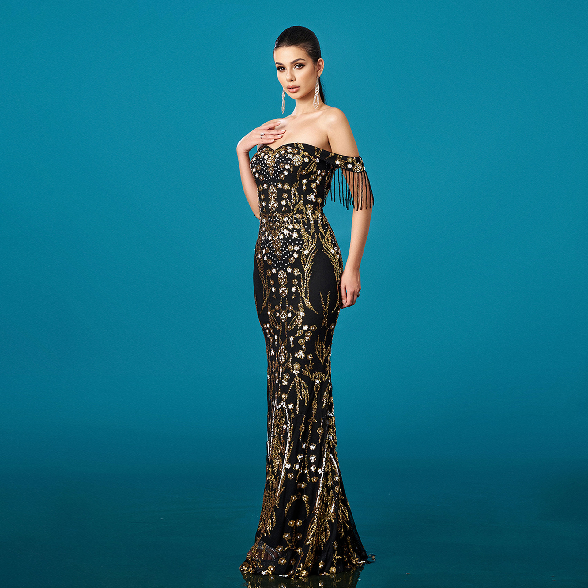 Women Off-Shoulder Tassel Formal Party Sequin Fishtail Evening Dress