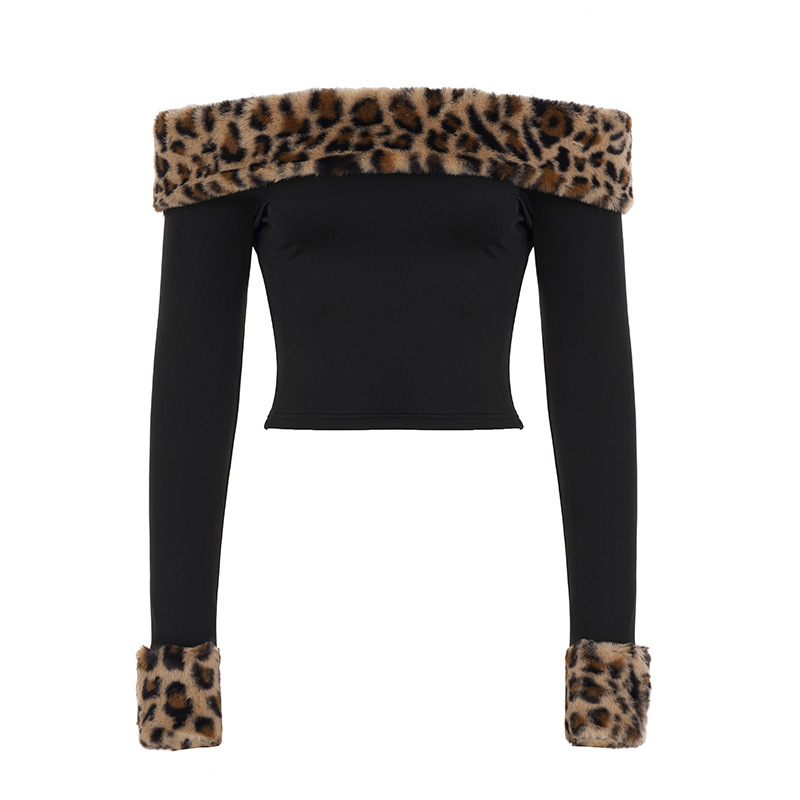 Women Fall/Winter Fuzzy Leopard Print Off-The-Shoulder Long-Sleeved Patchwork Casual Pants Two-Piece Set
