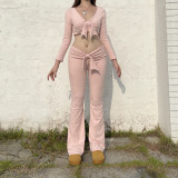 Women Casual Solid Bow Patchwork V-Neck Top and Bell Bottom Pants Two-Piece Set