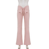 Women Casual Solid Bow Patchwork V-Neck Top and Bell Bottom Pants Two-Piece Set