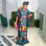 Plus Size Women African Ethnic Printed Robe and Headband Dress