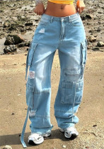 Women Cargo Pocket Light Blue Denim Pants