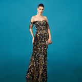 Women Off-Shoulder Tassel Formal Party Sequin Fishtail Evening Dress
