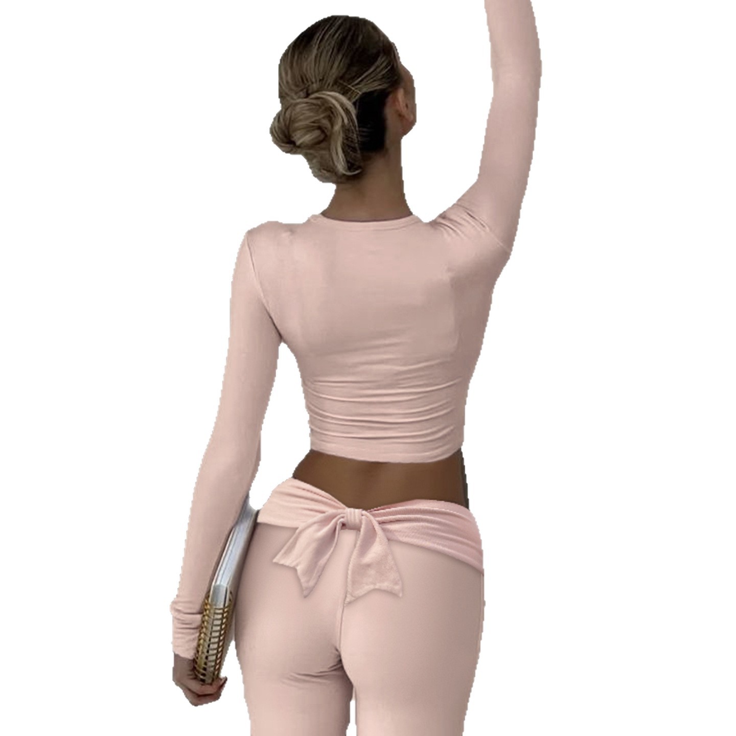 Women Casual Solid Bow Patchwork V-Neck Top and Bell Bottom Pants Two-Piece Set