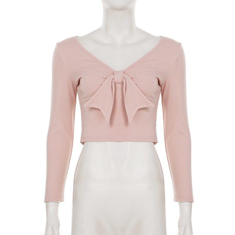 Women Casual Solid Bow Patchwork V-Neck Top and Bell Bottom Pants Two-Piece Set