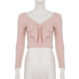 Women Casual Solid Bow Patchwork V-Neck Top and Bell Bottom Pants Two-Piece Set