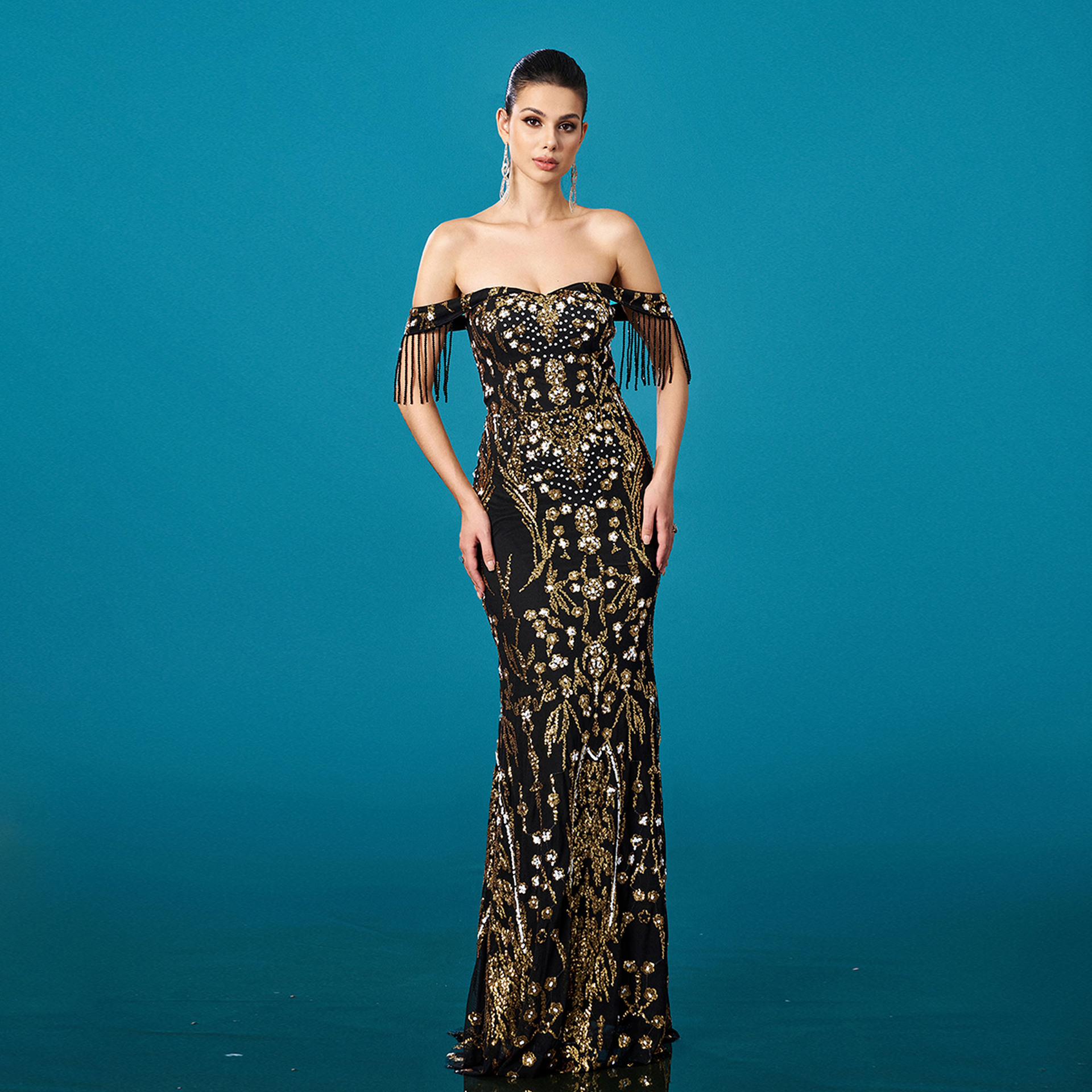 Women Off-Shoulder Tassel Formal Party Sequin Fishtail Evening Dress