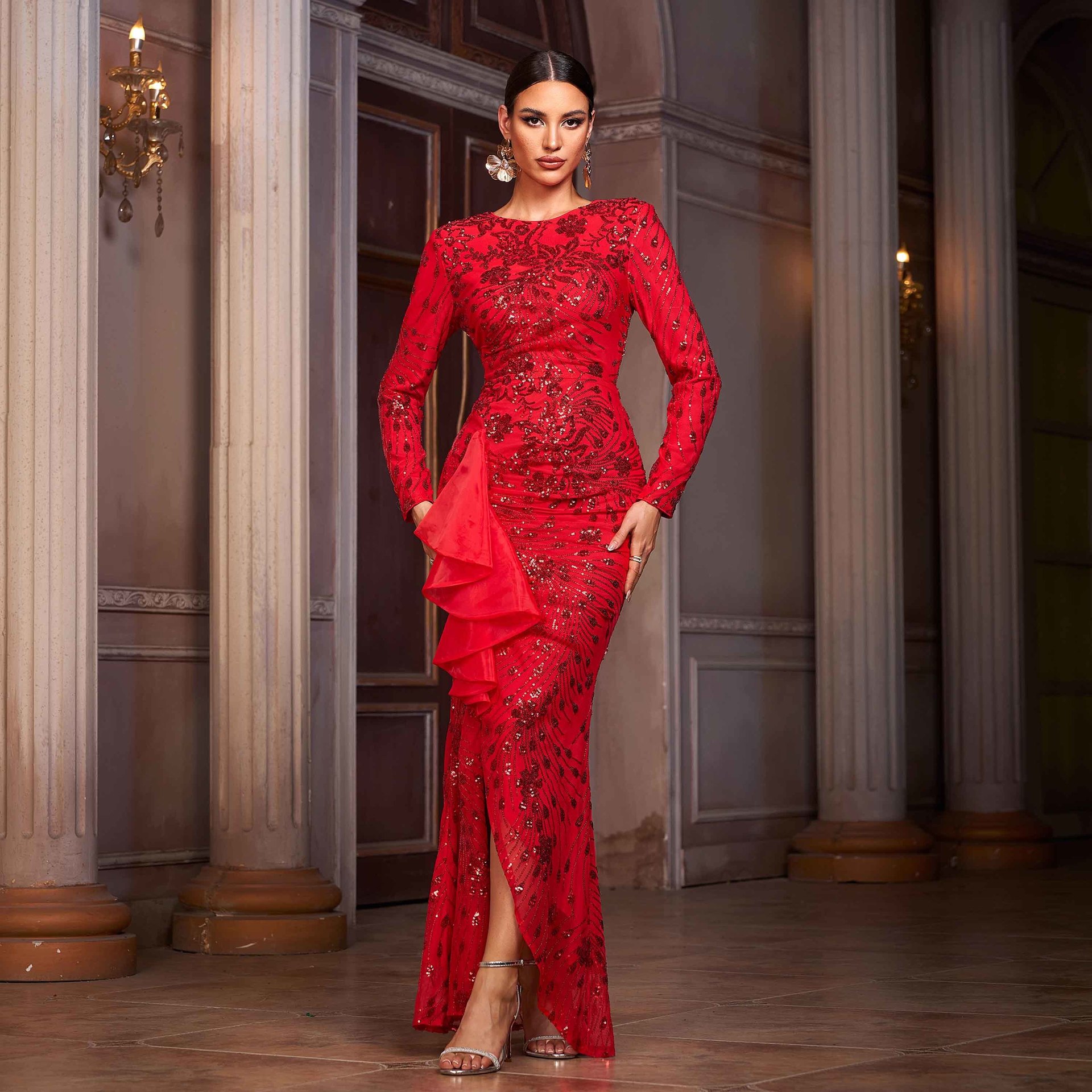 Women Long-Sleeved Round Neck Lace Formal Party Sequin Slit Evening Dress
