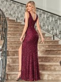 Women Formal Party V-Neck Sequined Slit Evening Dress
