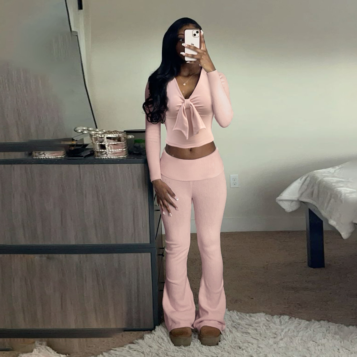 Women Casual Solid Bow Patchwork V-Neck Top and Bell Bottom Pants Two-Piece Set