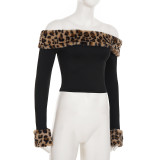 Women Fall/Winter Fuzzy Leopard Print Off-The-Shoulder Long-Sleeved Patchwork Casual Pants Two-Piece Set
