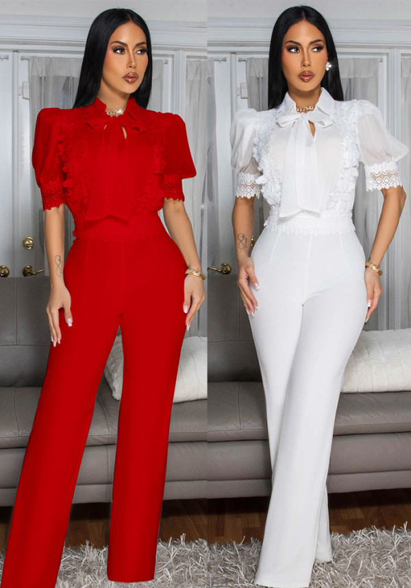 Women Elegant Style Lace Patchwork Lace-Up Wide-Leg Jumpsuit