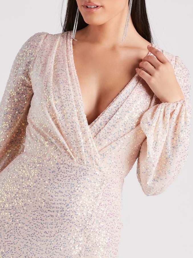 Women Spring/Summer Sequined Slit Long Sleeve Evening Dress