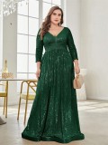 Women Plus Size Sequined Long-Sleeved V-Neck Formal Party Elegant Maxi Dress