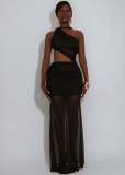 Women One-Shoulder Lace-Up See-Through Solid Dress
