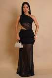 Women One-Shoulder Lace-Up See-Through Solid Dress