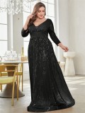 Women Plus Size Sequined Long-Sleeved V-Neck Formal Party Elegant Maxi Dress