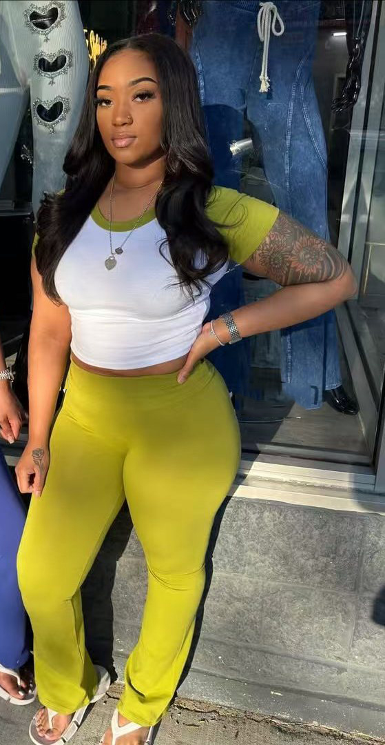Women Summer Contrast Color Short-Sleeved T-Shirt and Pants Casual Two-Piece Set