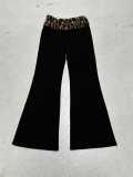 Women Fall/Winter Fuzzy Leopard Print Off-The-Shoulder Long-Sleeved Patchwork Casual Pants Two-Piece Set