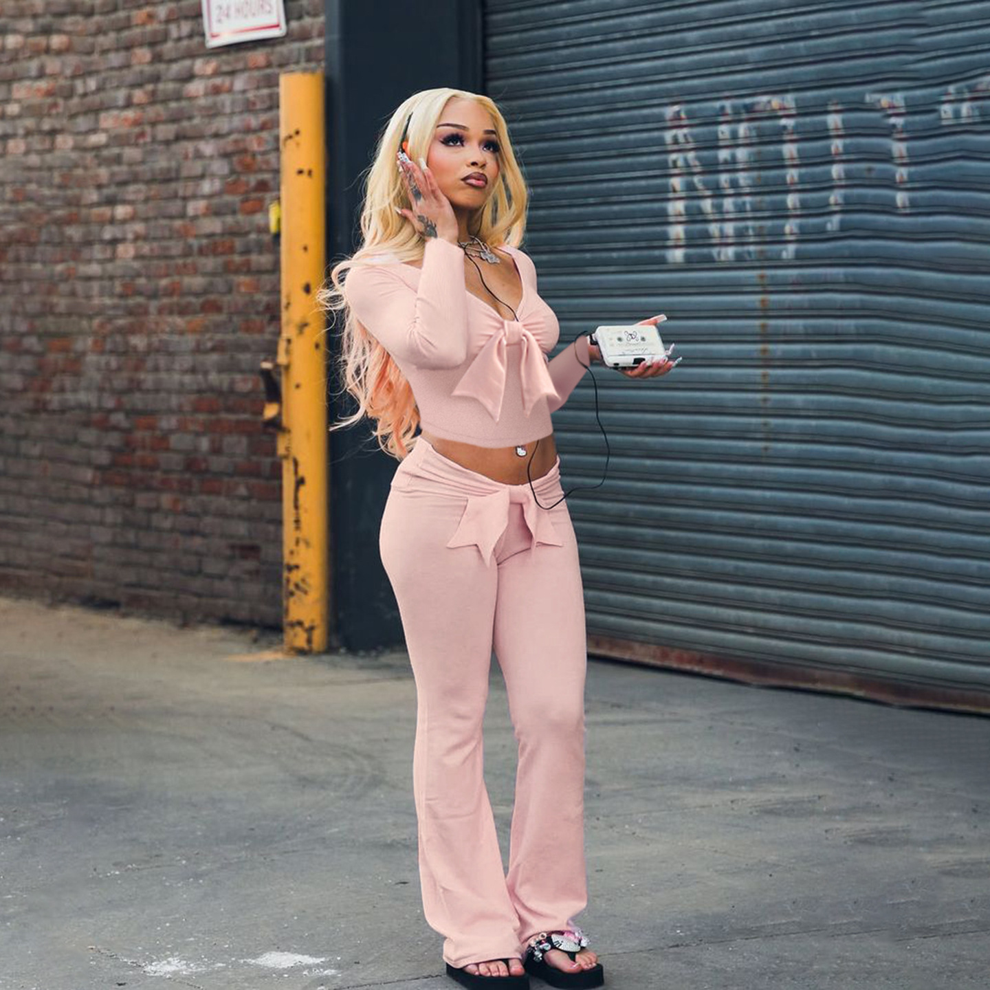 Women Casual Solid Bow Patchwork V-Neck Top and Bell Bottom Pants Two-Piece Set