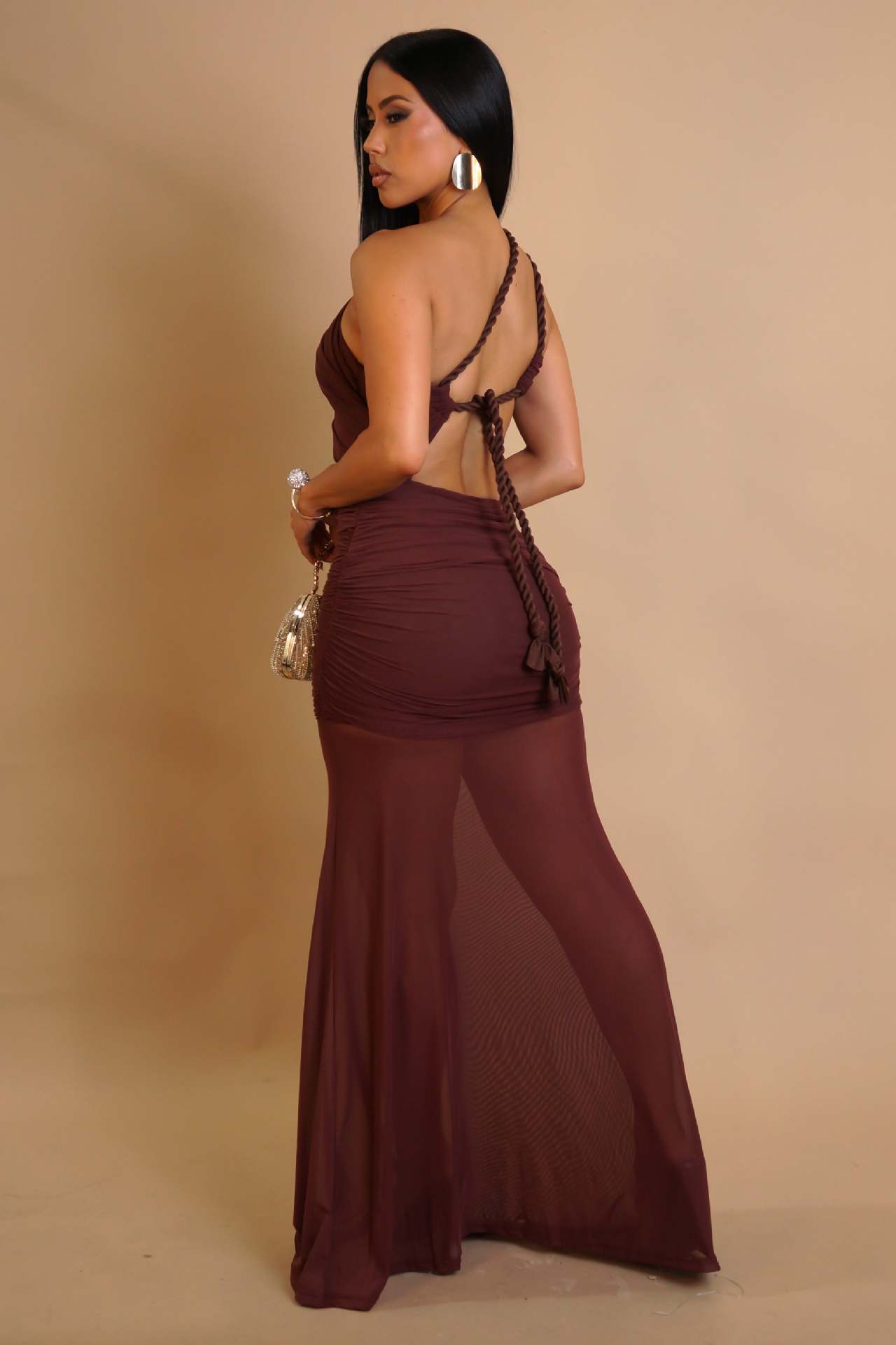 Women One-Shoulder Lace-Up See-Through Solid Dress