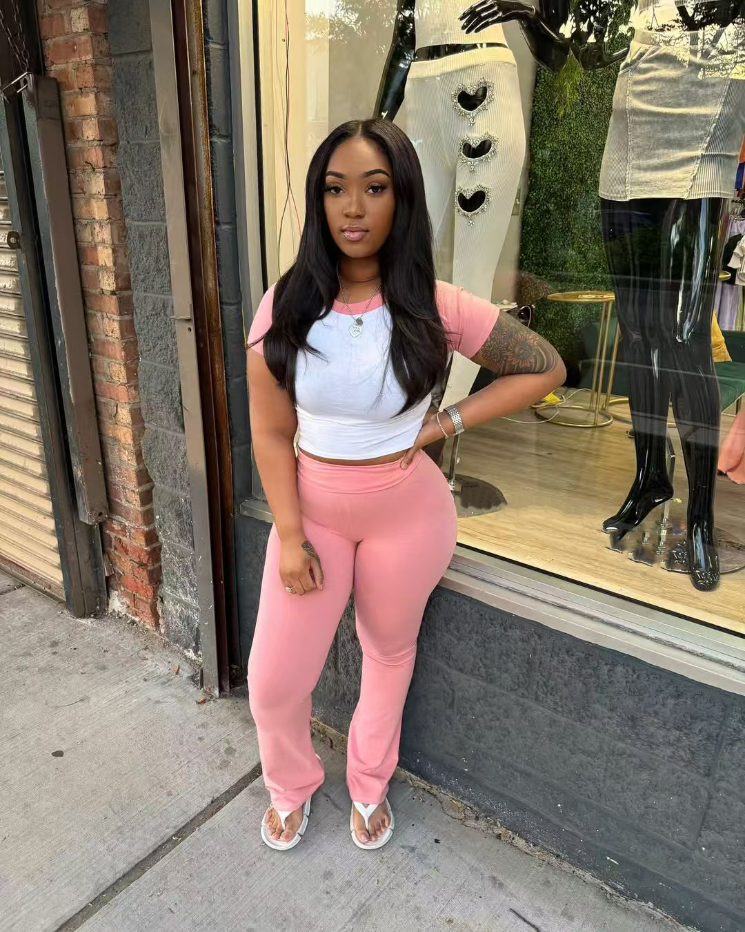 Women Summer Contrast Color Short-Sleeved T-Shirt and Pants Casual Two-Piece Set